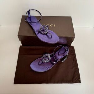 Gucci Interlocking GG Logo Leather T-Strap Dark Lavender Sandals with Crystals